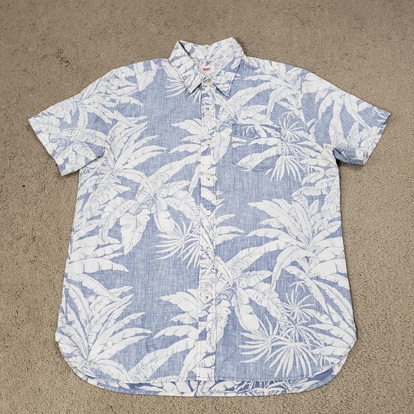Levi's Shirt Mens Medium Blue White Linen Blend Floral Hawaiian Camp Button Up - Picture 1 of 11